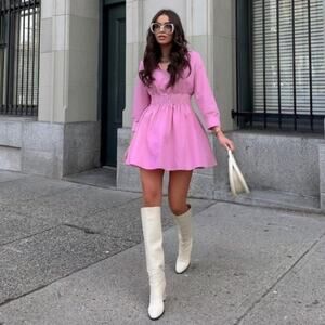 Zara Pink Poplin Mini Dress Collared Viral